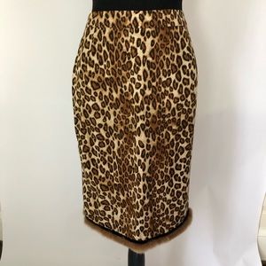 Etcetera Rabbit Fur Trimmed Cheetah Print Skirt